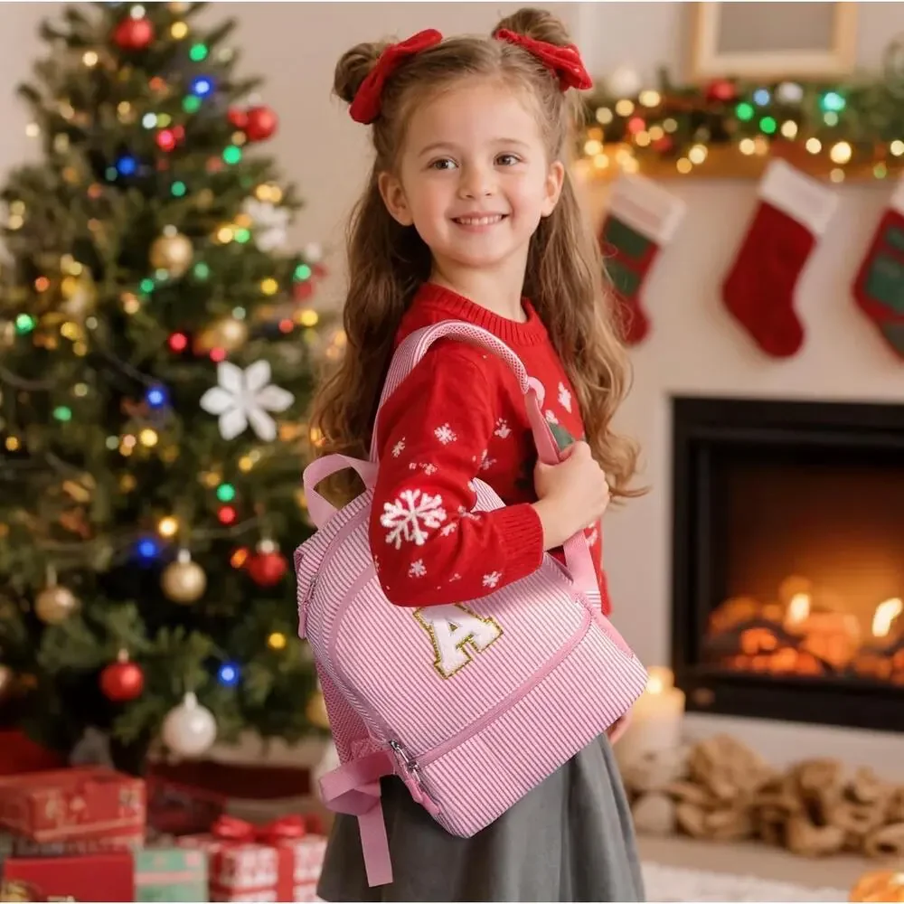 Pink Seersucker Kids Backpack with Initial Letter | Toddler Preschool Girl Bag